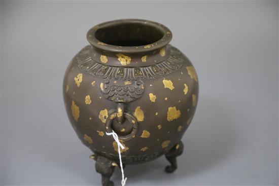A fine and rare Chinese gold splashed bronze globular censer, 17th/18th century, with Qing dynasty triple ruyi head hardwood stand